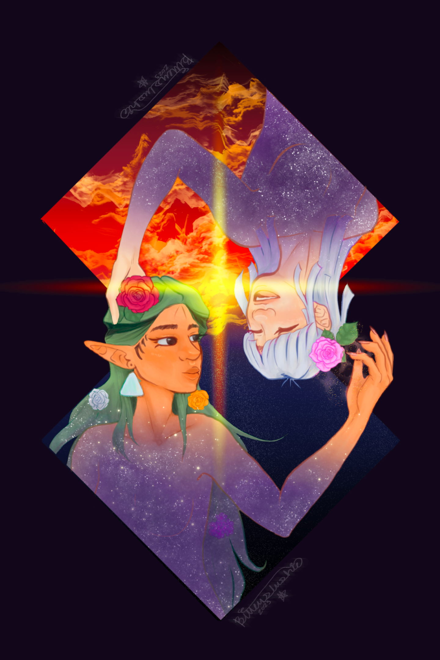 Illustration of Hermione and Vivian with diamond motifs
